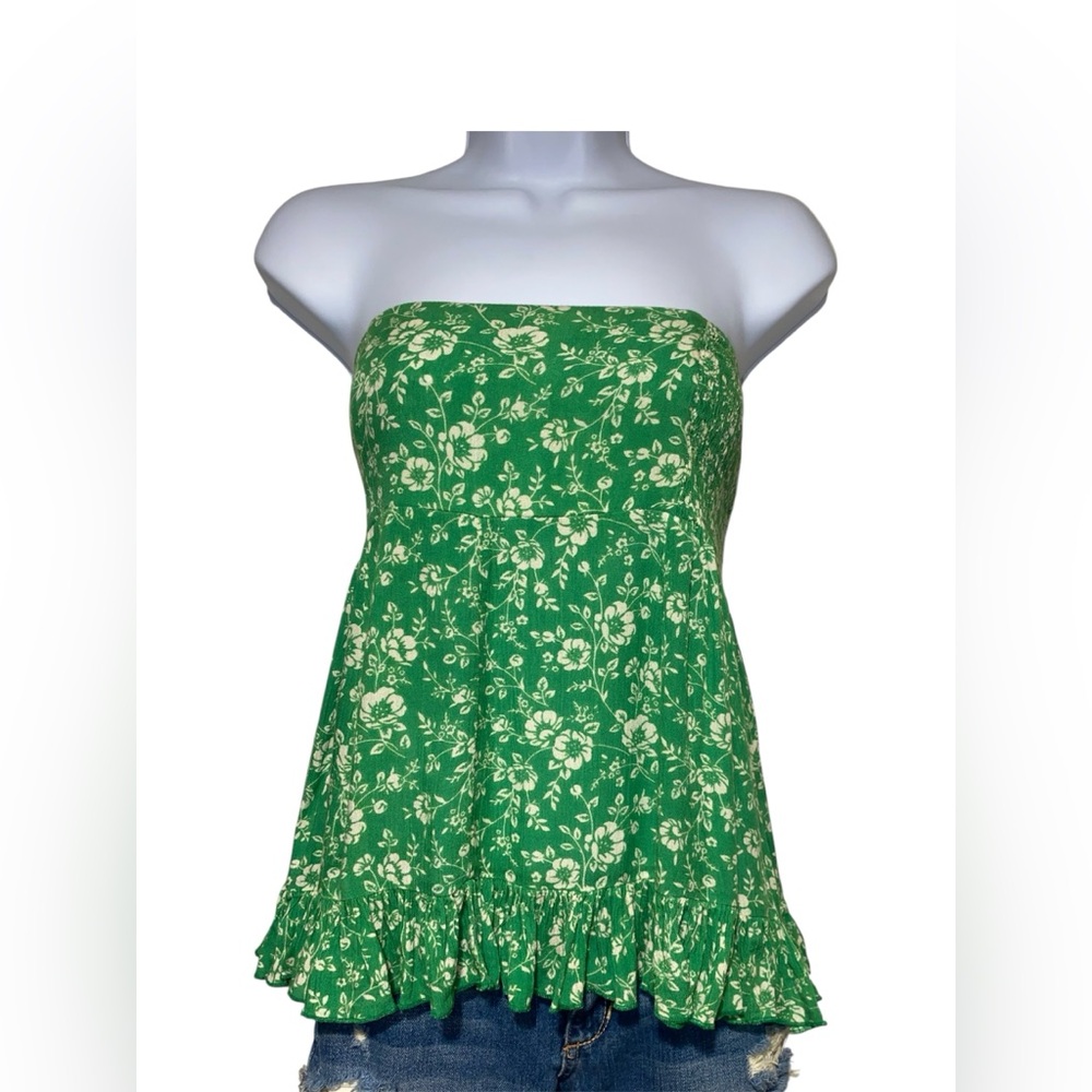 free people green and white floral mini skirt/strapless top